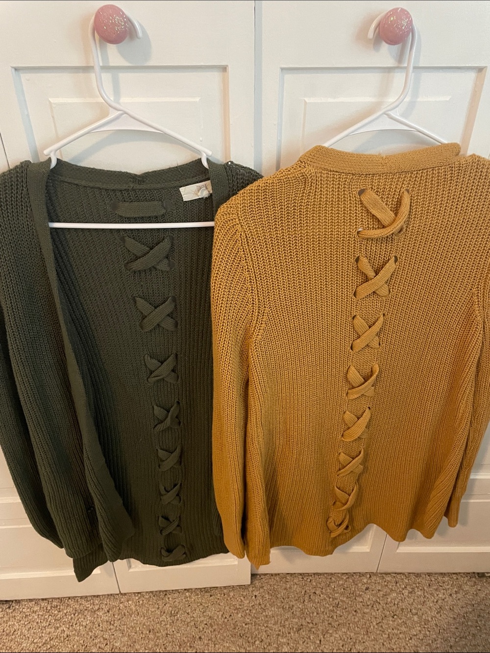 Lace-Up Back Knit Cardigan - Olive Green & Mustard